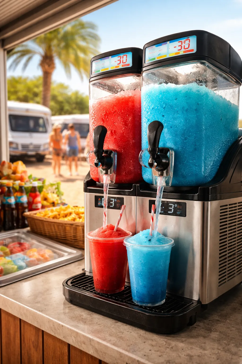 Twin-bowl frozen-drink machine at a caravan park kiosk